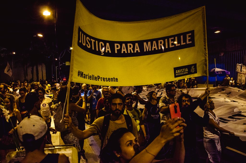 March to mark one month of the killings of the human rights defender and city councilor Marielle Franco and her driver Anderson Gomes in Rio de Janeiro, Brazil.