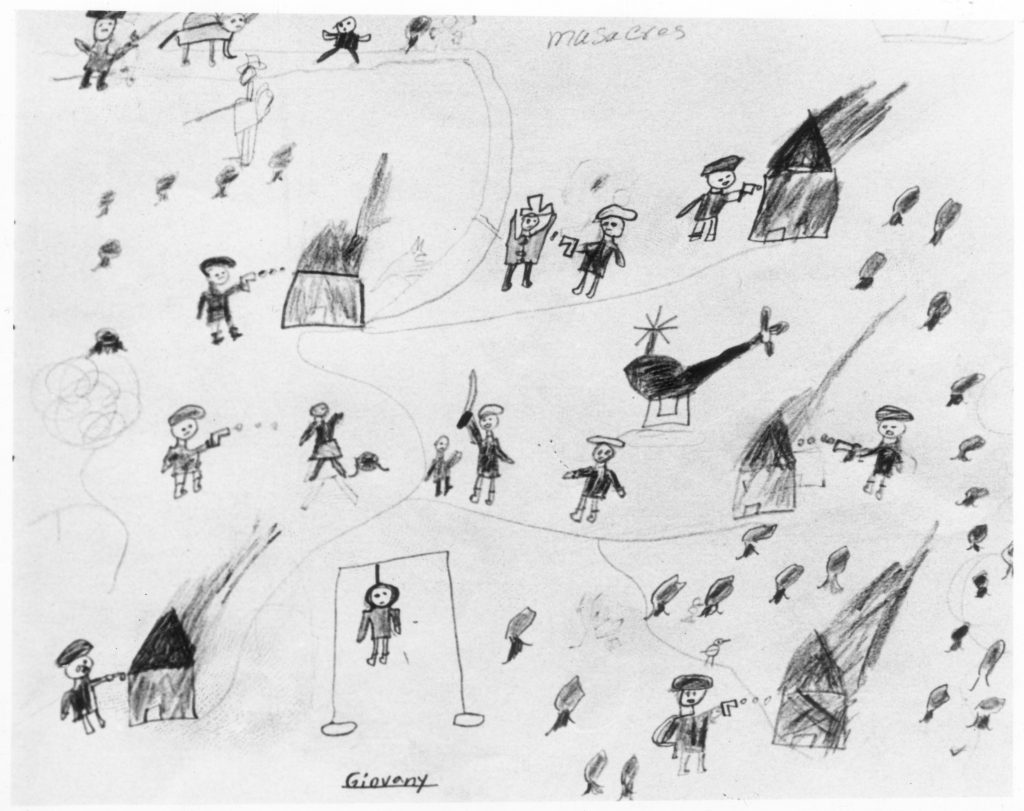 Giovany's drawing of a masacre, Guatemala. Houses burning, people being shot and hung.