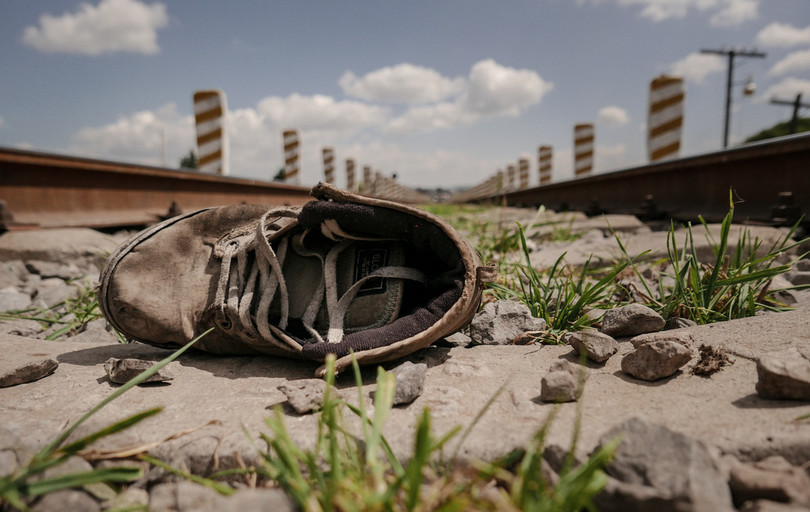 Migrant shoe at rail tracks in Mexico
