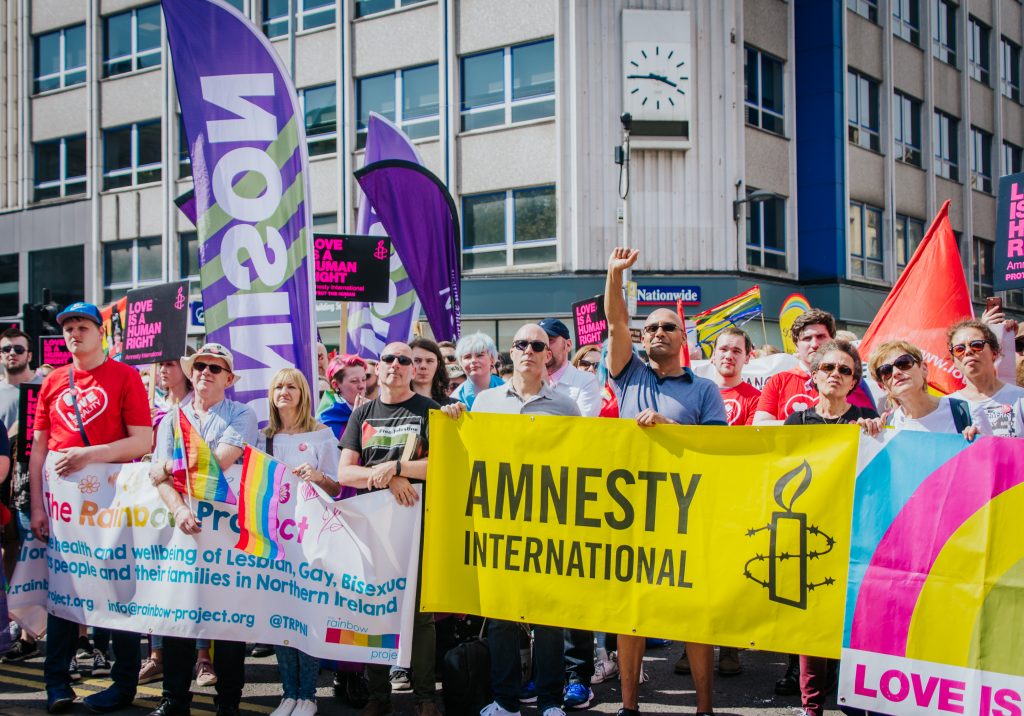 Demonstration for marriage equality, held in Belfast, Northern Ireland, June 2 2018. Organised by the Love Equality campaign, of which Amnesty International is a leading member.