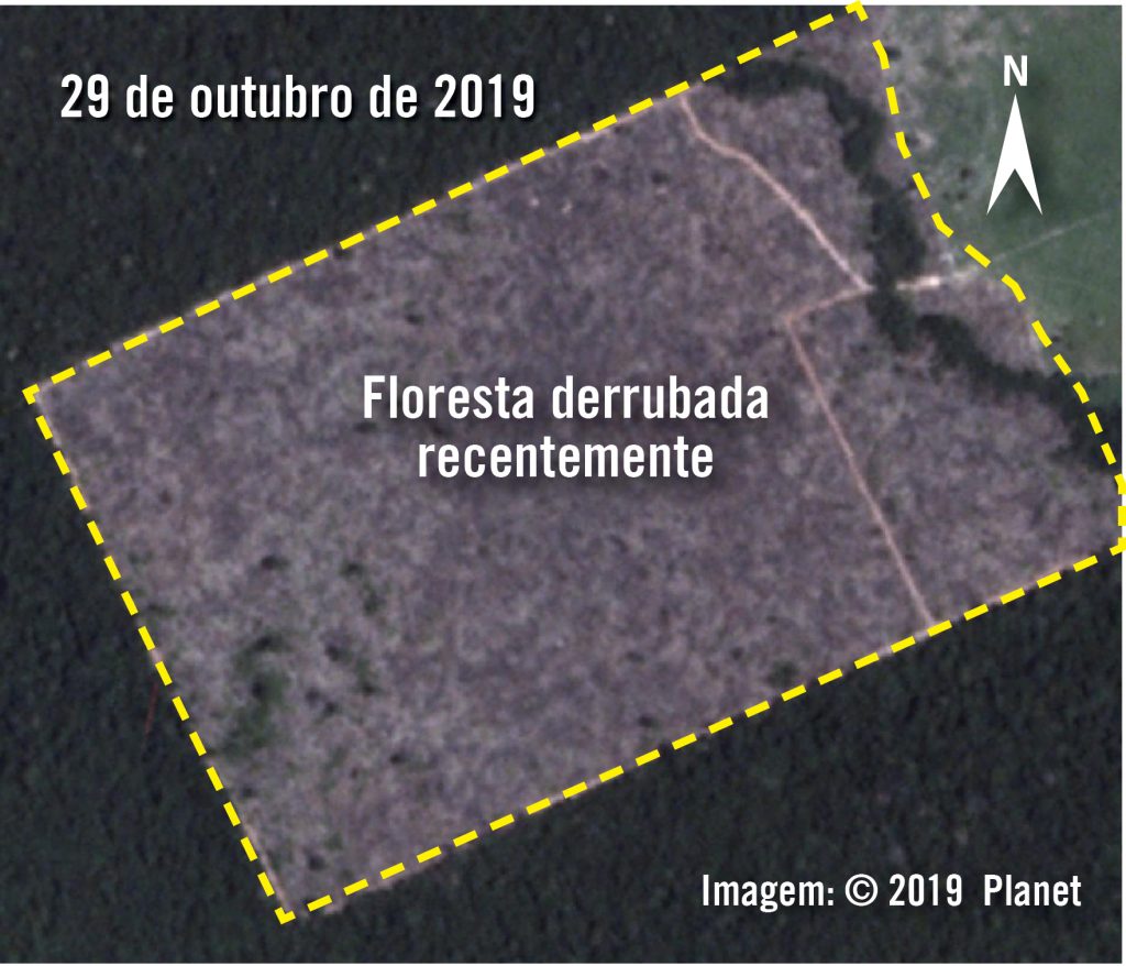 Imagens de satélite mostram uma área da Reserva Extrativista do Rio Ouro Preto onde a floresta foi derrubada e queimada desde 17 de janeiro de 2019. Essa área derrubada recentemente cobre 1,5km².