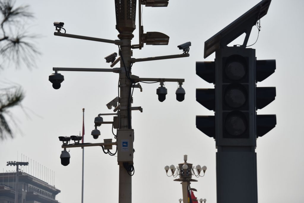 Surveillance cameras are seen on a corner of Tiananmen Square in Beijing on September 6, 2019. - Some Beijing karaoke bars are closing, toy bombs are banned and every delivery package is being scanned: the capital is taking no chances weeks ahead of a massive military parade to mark Communist China's 70th anniversary. (Photo by GREG BAKER / AFP) / TO GO WITH AFP STORY CHINA-POLITICS-ANNIVERSARY,FOCUS BY POORNIMA WEERASEKARA        (Photo credit should read GREG BAKER/AFP via Getty Images)