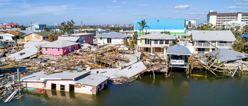 Fort Myers Beach, Florida, Estero Island, aerial view of damaged property after Hurricane Ian
